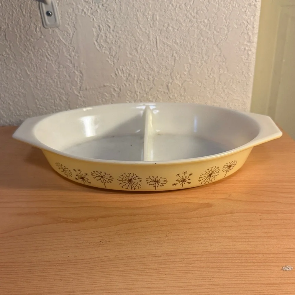 Pyrex Vintage 1959 Dandelion Duet Divided Casserole Dish 1.5 Qt – Yellow-No Lid